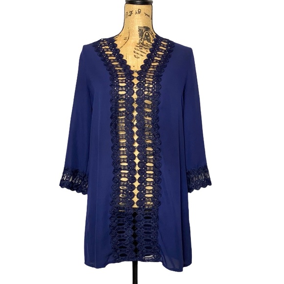 Blue Lace V-Neck 3/4 Sleeve Tunic S - Picture 1 of 8